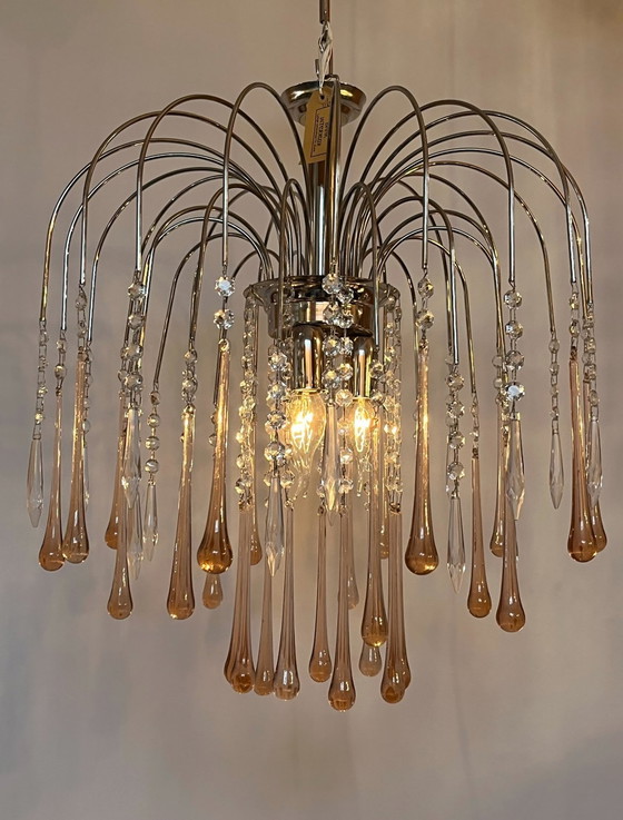 Image 1 of Roze Teardrop Kroonluchter Hanglamp Pegels Chrome Frame Kristal 