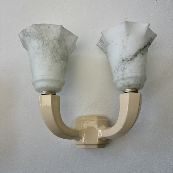 Image 1 of Antieke Vintage Keramische Dubbele Wandlamp