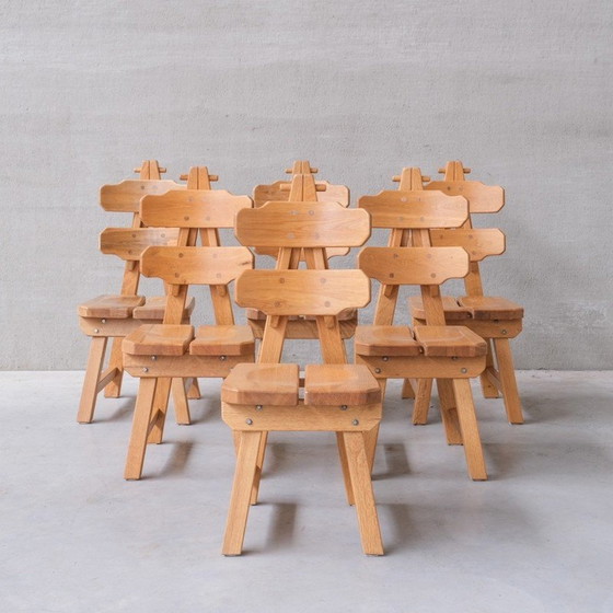Image 1 of Set van 6 vintage eetkamerstoelen in massief eiken, Spanje 1970