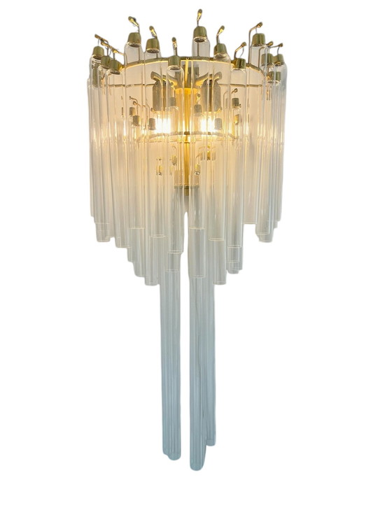 Image 1 of Italiaanse glazen wandlamp met buis messing verguld goud structuur, Italië 1980