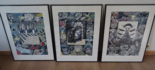 3x Marnix Everaert schilderijen gouache