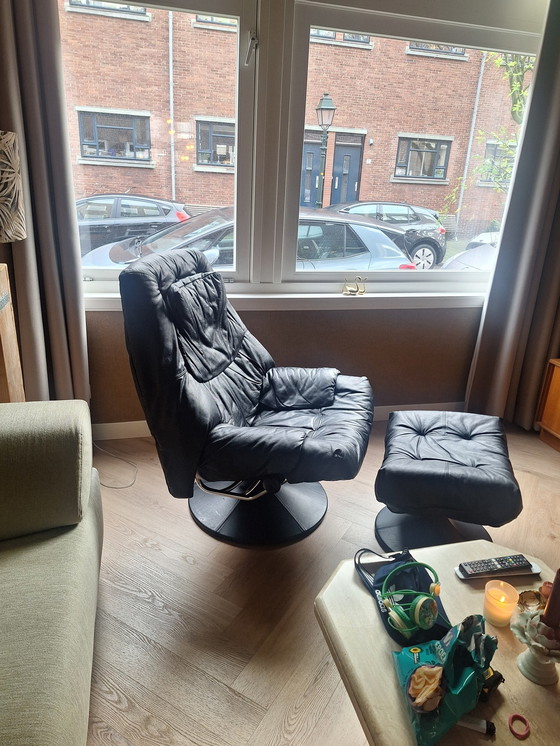 Image 1 of Stressless Fauteuil Leer Met Voetenbankje Zwart Vintage