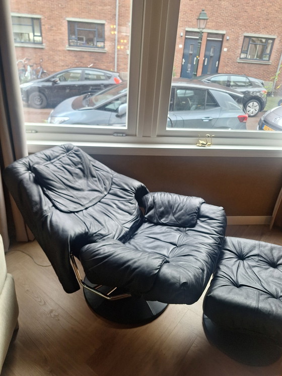 Image 1 of Stressless Fauteuil Leer Met Voetenbankje Zwart Vintage