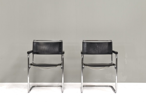 Image 1 of Thonet S34 Sledemodel fauteuil van Mart Stam in zwart leer en chroom - Duitsland, 1927