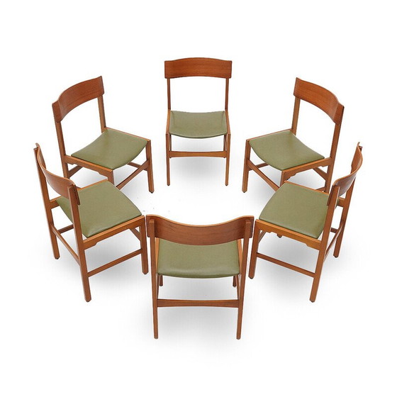 Image 1 of Set van 6 vintage stoelen in teakhout en groen imitatieleer, Italië 1960