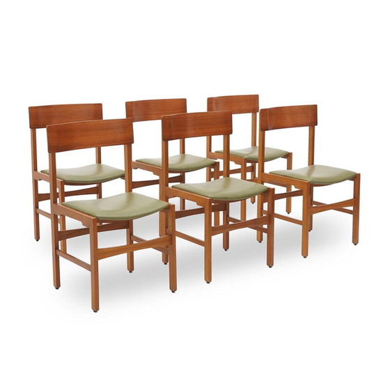 Image 1 of Set van 6 vintage stoelen in teakhout en groen imitatieleer, Italië 1960