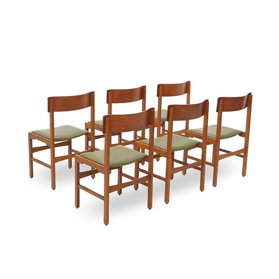 Image 1 of Set van 6 vintage stoelen in teakhout en groen imitatieleer, Italië 1960