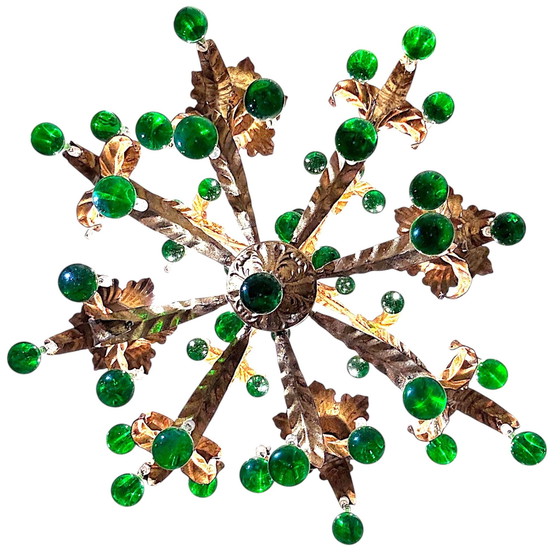 Image 1 of Italiaanse kroonluchter met groene Murano glazen druppels