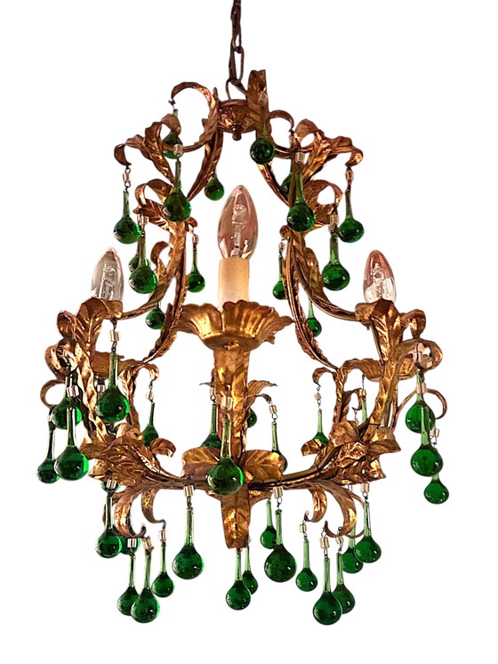 Image 1 of Italiaanse kroonluchter met groene Murano glazen druppels