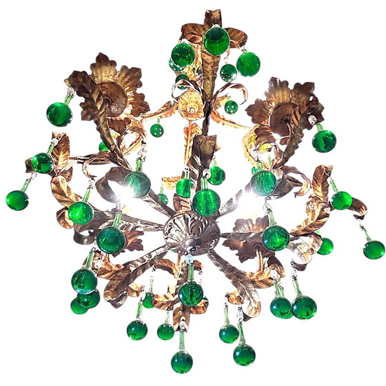 Image 1 of Italiaanse kroonluchter met groene Murano glazen druppels