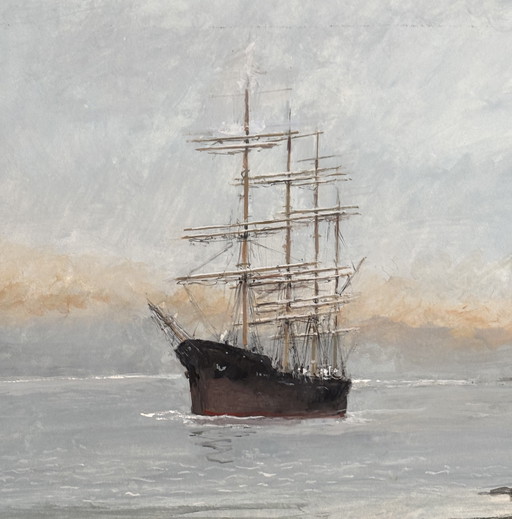 René Marie Dujardin - Prachtige aquarel van een schip op zee.