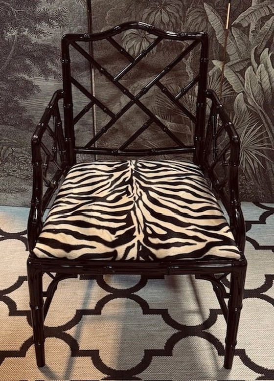 Image 1 of Hoogglans Zwarte Faux Bamboo Chippendale Fauteuil