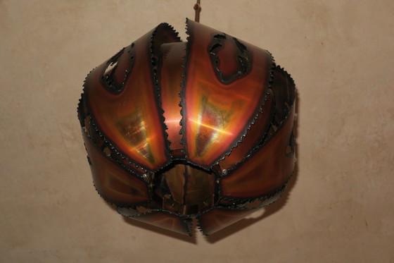 Image 1 of Brutalistische Deense koperen fakkel hanglamp, 1970S