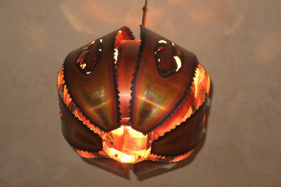 Image 1 of Brutalistische Deense koperen fakkel hanglamp, 1970S