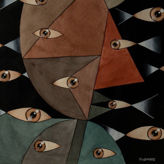 Image 1 of Vintage gouache met abstracte gezichten, 1980