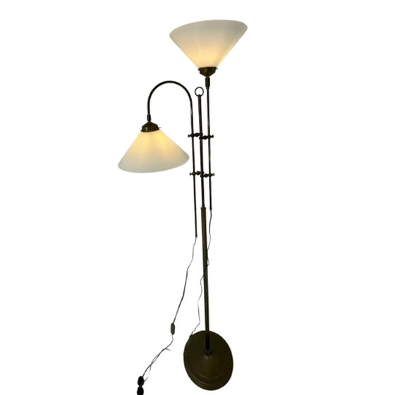 Image 1 of Art Deco - Dubbele gebogen vloerlamp - Gemaakt van messing met opaline kappen - Opnieuw bedraad, volledig verstelbaar