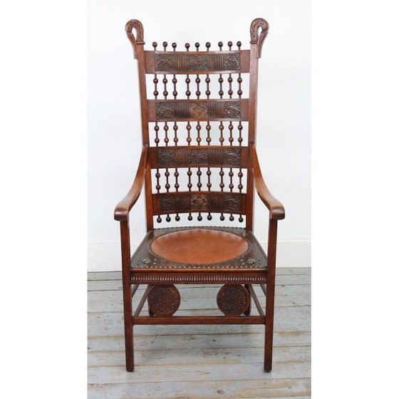 Image 1 of Vintage Arts and Crafts decoratieve carver fauteuil met hoge rug