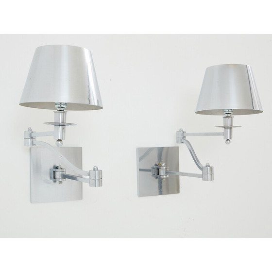 Image 1 of Paar vintage geborsteld stalen wandlampen voor Maison Charles, 1960