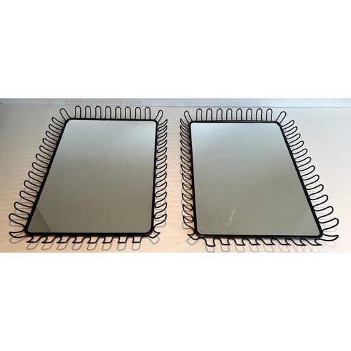 Paar vintage zwart gelakte metalen spiegels, 1980