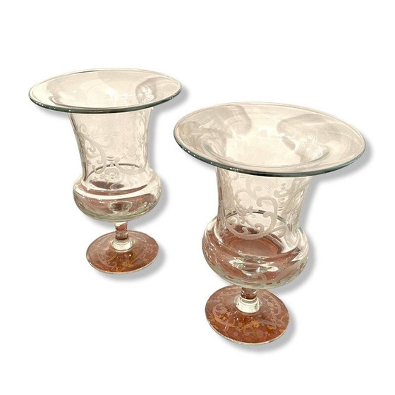 Image 1 of Paar vintage gedecoreerde glazen vazen, 1980