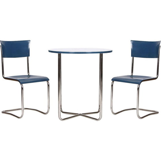 Image 1 of Paar vintage tafels met 2 stoelen van vernikkeld staal, Tsjechië 1930