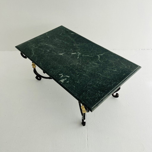 Vintage ijzeren, messing en marmeren salontafel van Raymond Subes