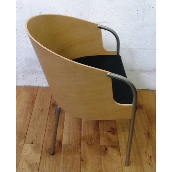 Image 1 of Calligaris vintage fauteuil in licht hout en zwart leer, Italië