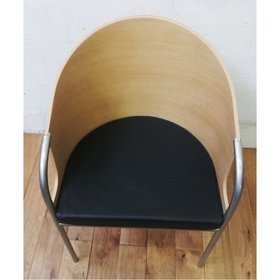 Image 1 of Calligaris vintage fauteuil in licht hout en zwart leer, Italië