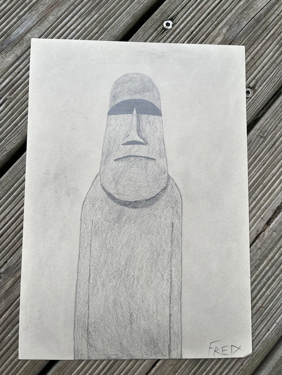 Image 1 of Moai grafiettekeningen.