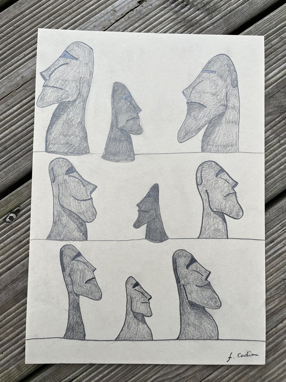 Image 1 of Moai grafiettekeningen.