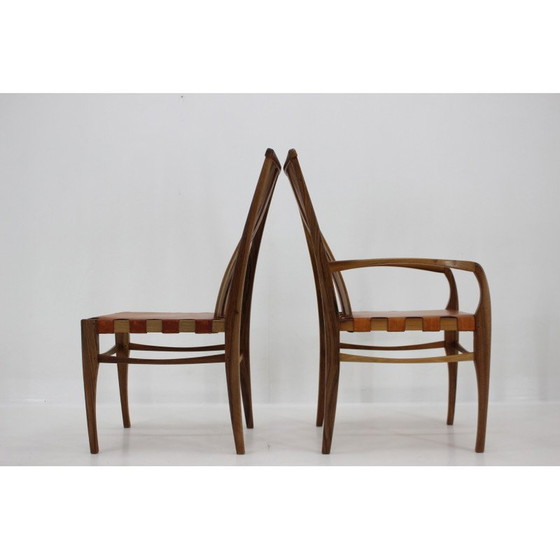 Image 1 of Set van 6 vintage eetkamerstoelen van walnoot en leer, William Pagden, 2001