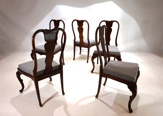 Image 1 of Set van 5 mahoniehouten Queen Anne eetkamerstoelen, 1920