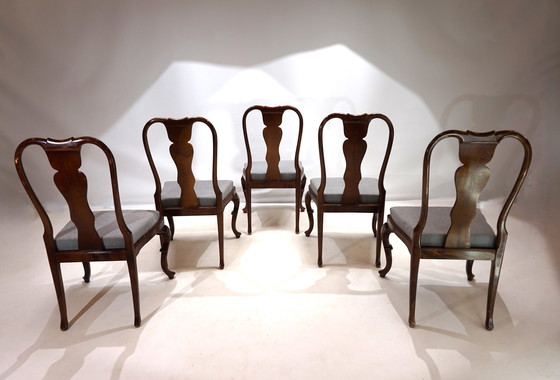 Image 1 of Set van 5 mahoniehouten Queen Anne eetkamerstoelen, 1920