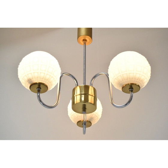 Image 1 of Vintage kroonluchter van glas, chroom en messing door Lidokov, Tsjecho-Slowakije 1960