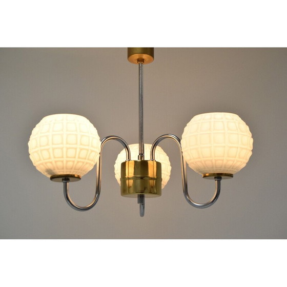 Image 1 of Vintage kroonluchter van glas, chroom en messing door Lidokov, Tsjecho-Slowakije 1960