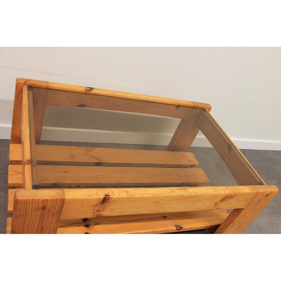 Image 1 of Vintage grenen en gerookt glazen salontafel, 1970