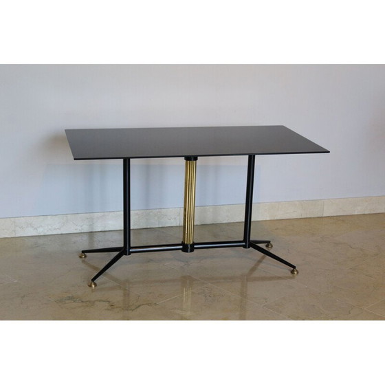 Image 1 of Vintage salontafel van zwart gelakt glas met messing en ijzer, Italië 1950
