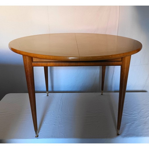 Vintage ronde tafel in licht eiken met 2 verlengstukken, 1950