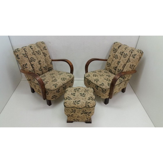 Image 1 of Paar vintage houten en stoffen fauteuils van Jindřich Halabala voor UP Závody Brno, Tsjecho-Slowakije 1935