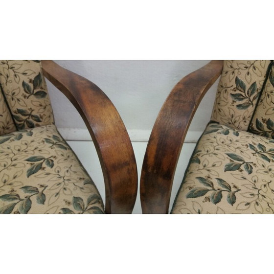 Image 1 of Paar vintage houten en stoffen fauteuils van Jindřich Halabala voor UP Závody Brno, Tsjecho-Slowakije 1935