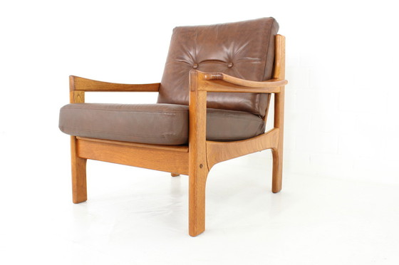 Image 1 of Top Deense Mid Century Sofa en Lounge Stoel / Fauteuil Set in leer en teakhout