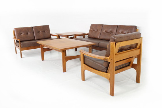 Image 1 of Top Deense Mid Century Sofa en Lounge Stoel / Fauteuil Set in leer en teakhout