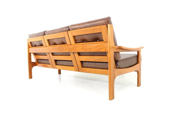 Image 1 of Top Deense Mid Century Sofa en Lounge Stoel / Fauteuil Set in leer en teakhout