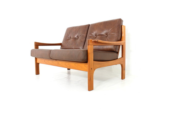 Image 1 of Top Deense Mid Century Sofa en Lounge Stoel / Fauteuil Set in leer en teakhout