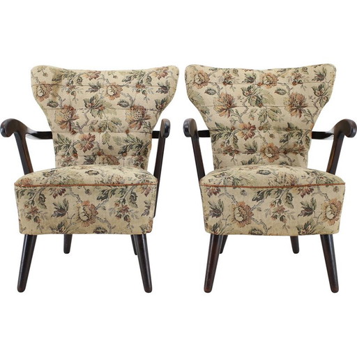Paar vintage fauteuils met stoffen bekleding, Tsjecho-Slowakije 1940