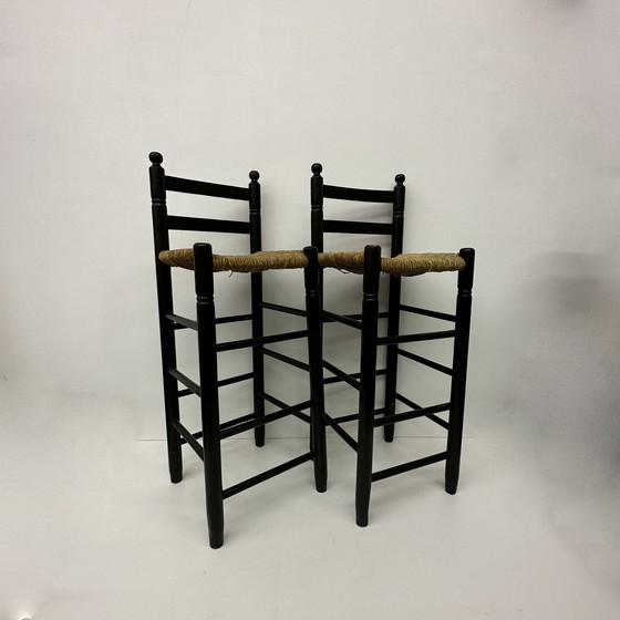 Image 1 of Set Of 2 Solid Wooden Bar Stools , 1970’S