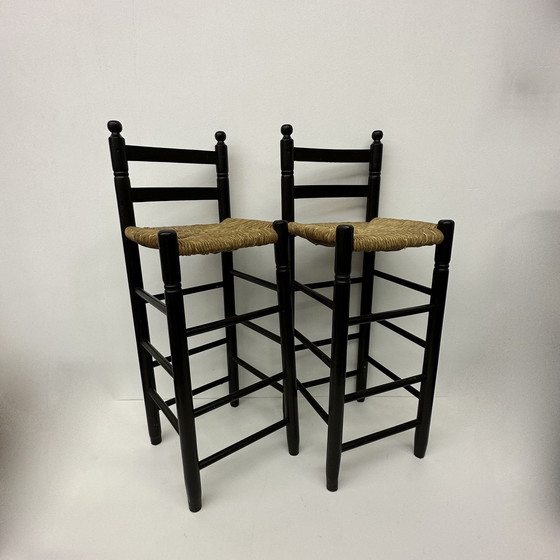 Image 1 of Set Of 2 Solid Wooden Bar Stools , 1970’S