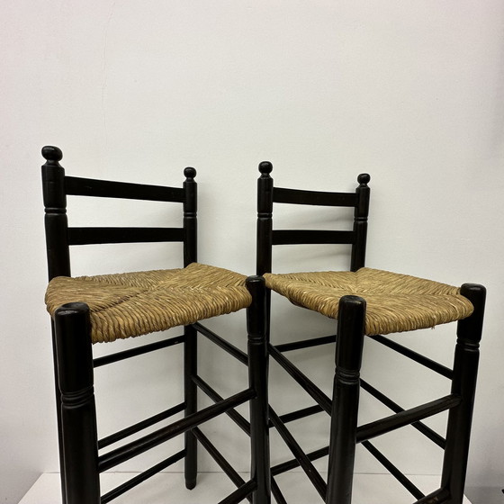 Image 1 of Set Of 2 Solid Wooden Bar Stools , 1970’S