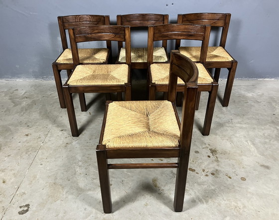 Image 1 of 6x Vintage houten stoelen gevlochten zitting