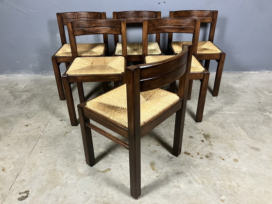 Image 1 of 6x Vintage houten stoelen gevlochten zitting